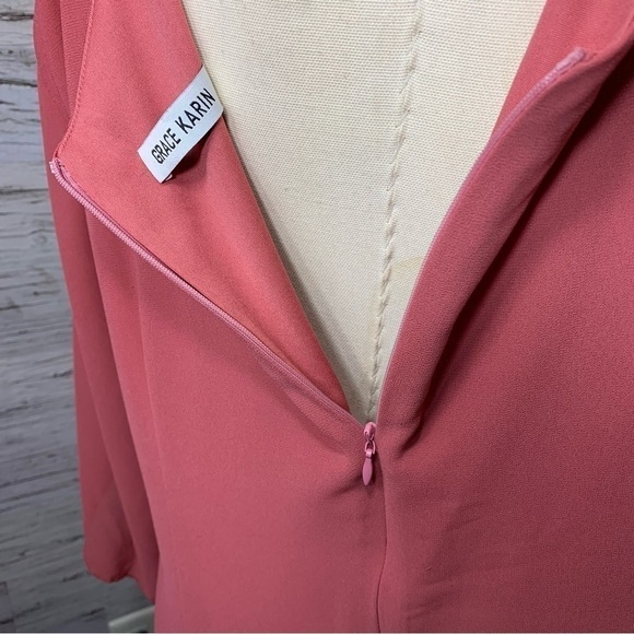 Grace Karin Pink Corral Midi Dress Chiffon Slit Sleeves Flowy Minimalist Sz 3XL - Picture 9 of 15